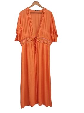 Fancyinn Womens Size XL Long Orange Sheer Lace Beach Cover up Kimono Tie Front